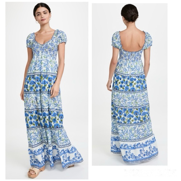 Alice Olivia Rosalyn Dress Maxi Floral Tiered Smocked Perfect Pansy Puff Sleeves - Picture 3 of 16